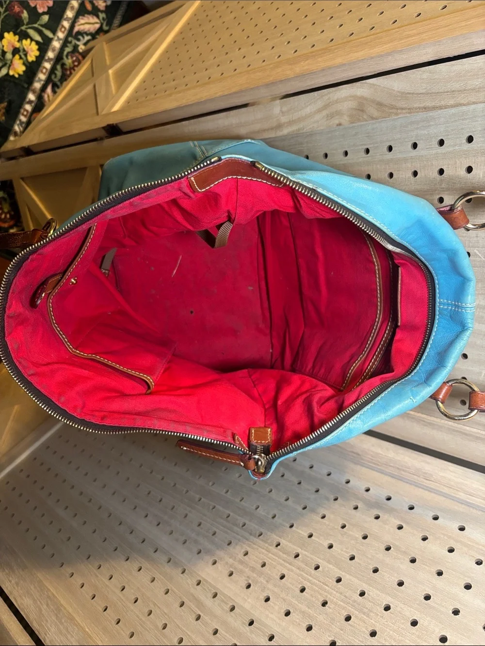 Dooney & Bourke Turquoise Leather Tote with Brown Trim